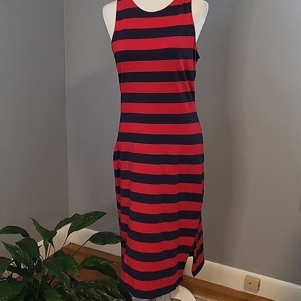 A New Day Red & Blue Striped Cotton/ Spandex Midi Tank Dress - Size M